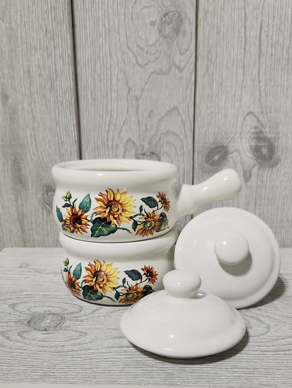 Vintage Sunflower Pattern Ceramic Long Handle Crocks With Lids